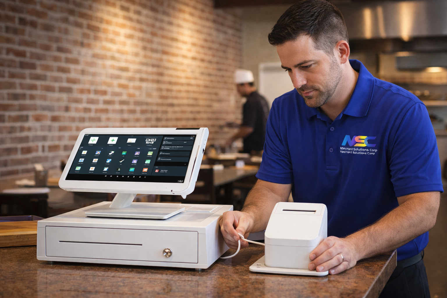 Merchant Solutions technician setting up Clover Mini POS