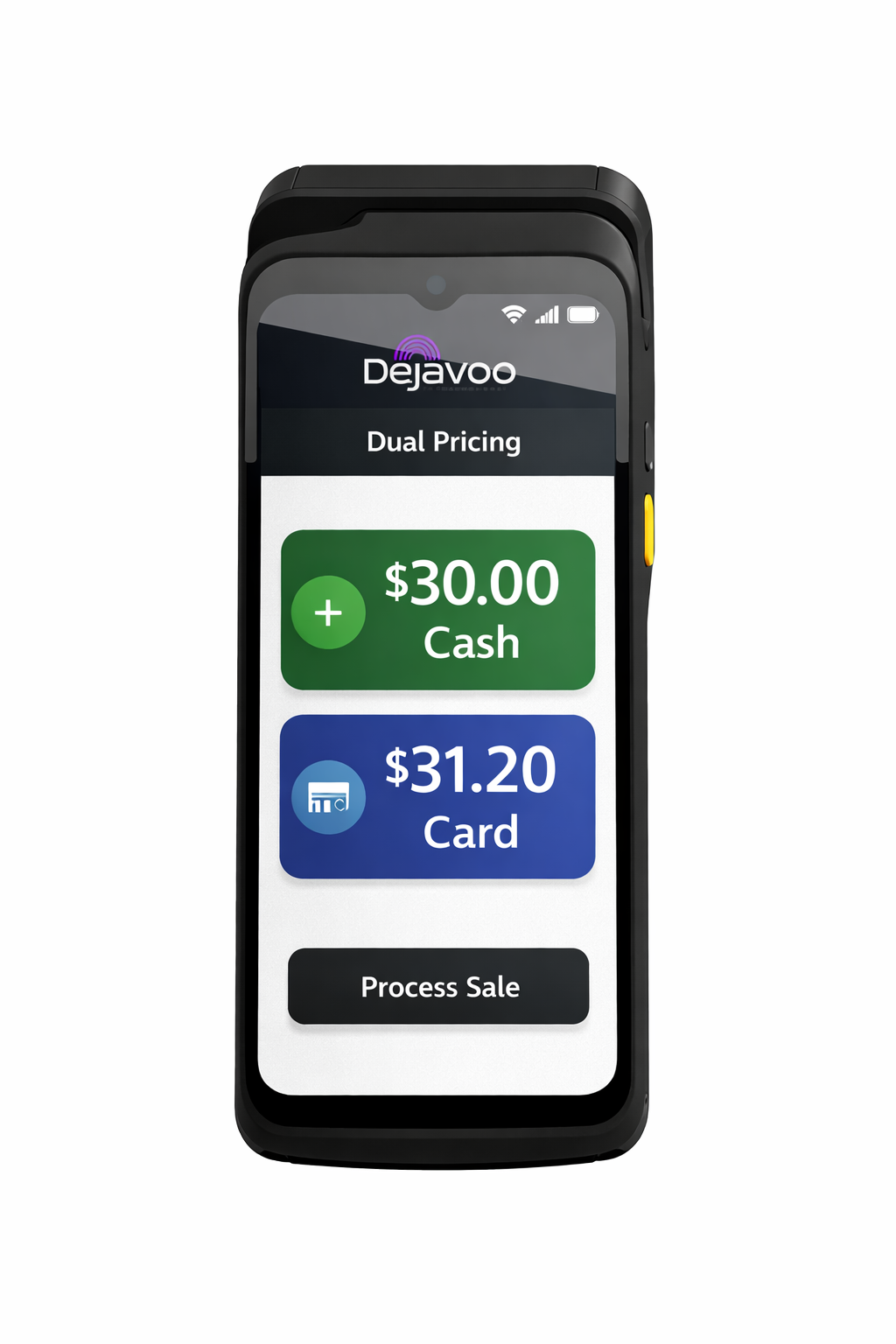 Terminal showing dual pricing - cash vs card price