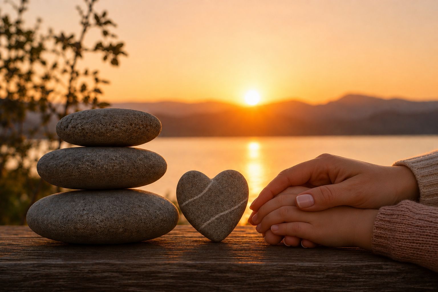 Stones balanced beside clasped hands at sunset