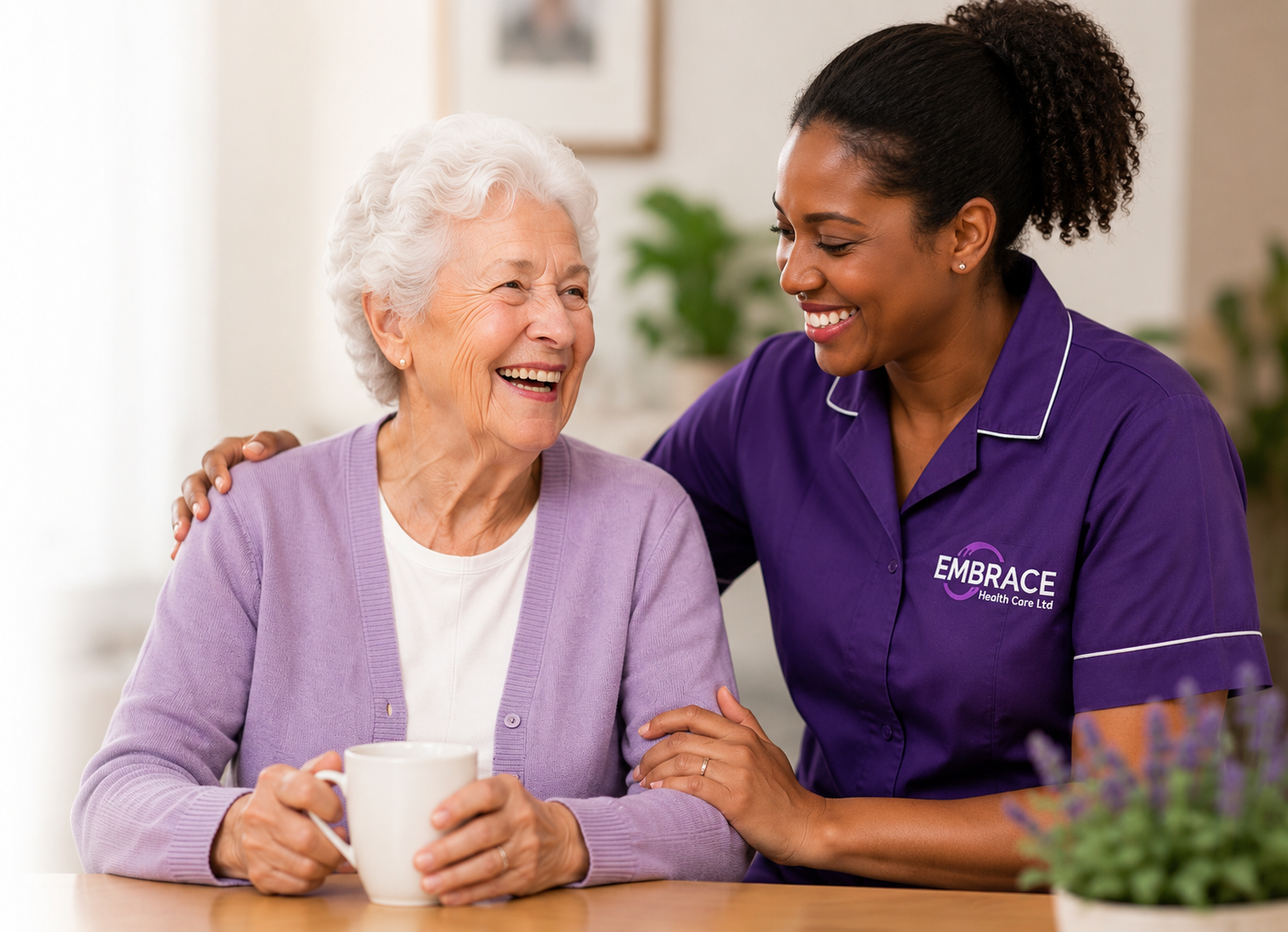 Embrace Healthcare carer in purple uniform sharing a warm moment with an elderly lady at home