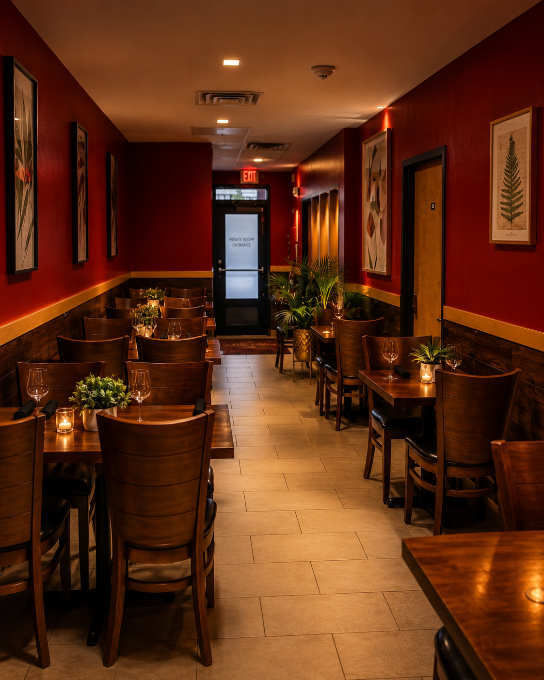 Empire Jamaica Fusion private dining room — warm burgundy walls, candlelit tables, intimate seating