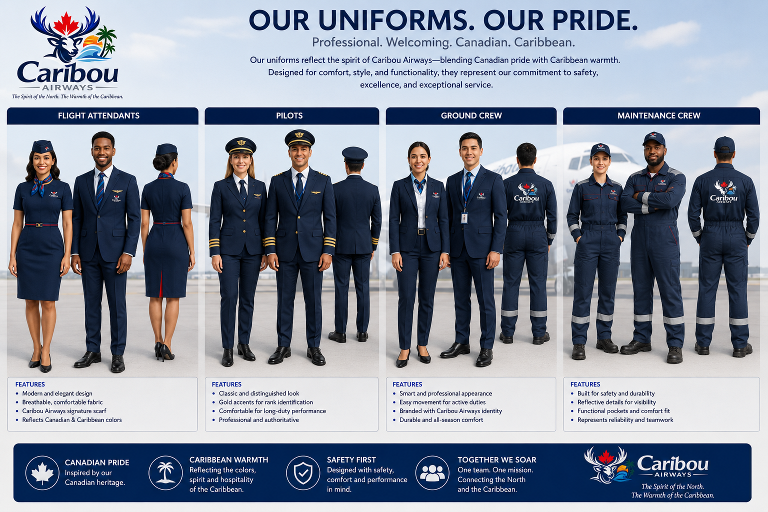 Caribou Airways uniforms — flight attendants, pilots, ground crew, maintenance crew