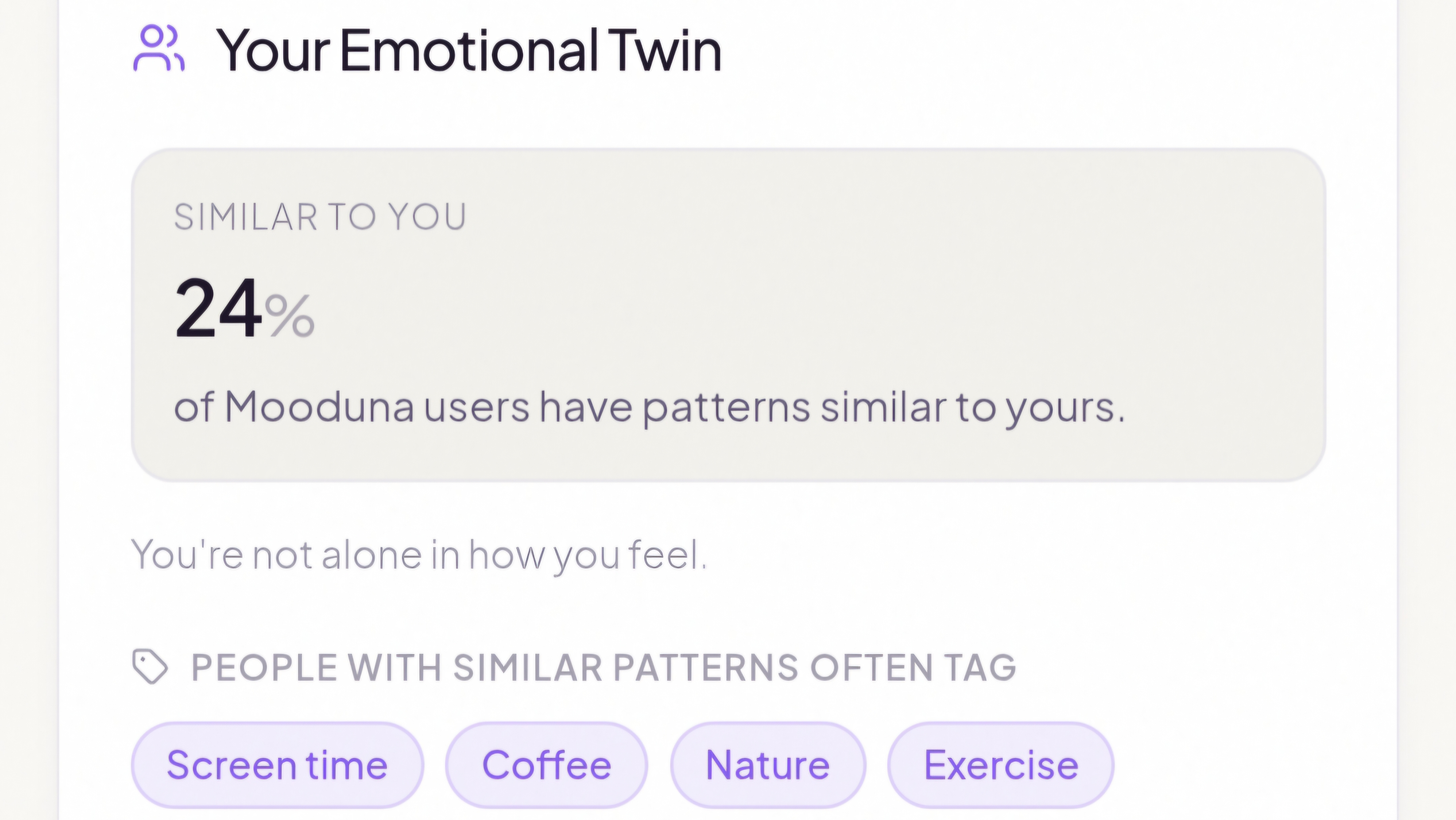 Mooduna Your Emotional Twin preview — 24% pattern similarity and tags people with similar patterns often use