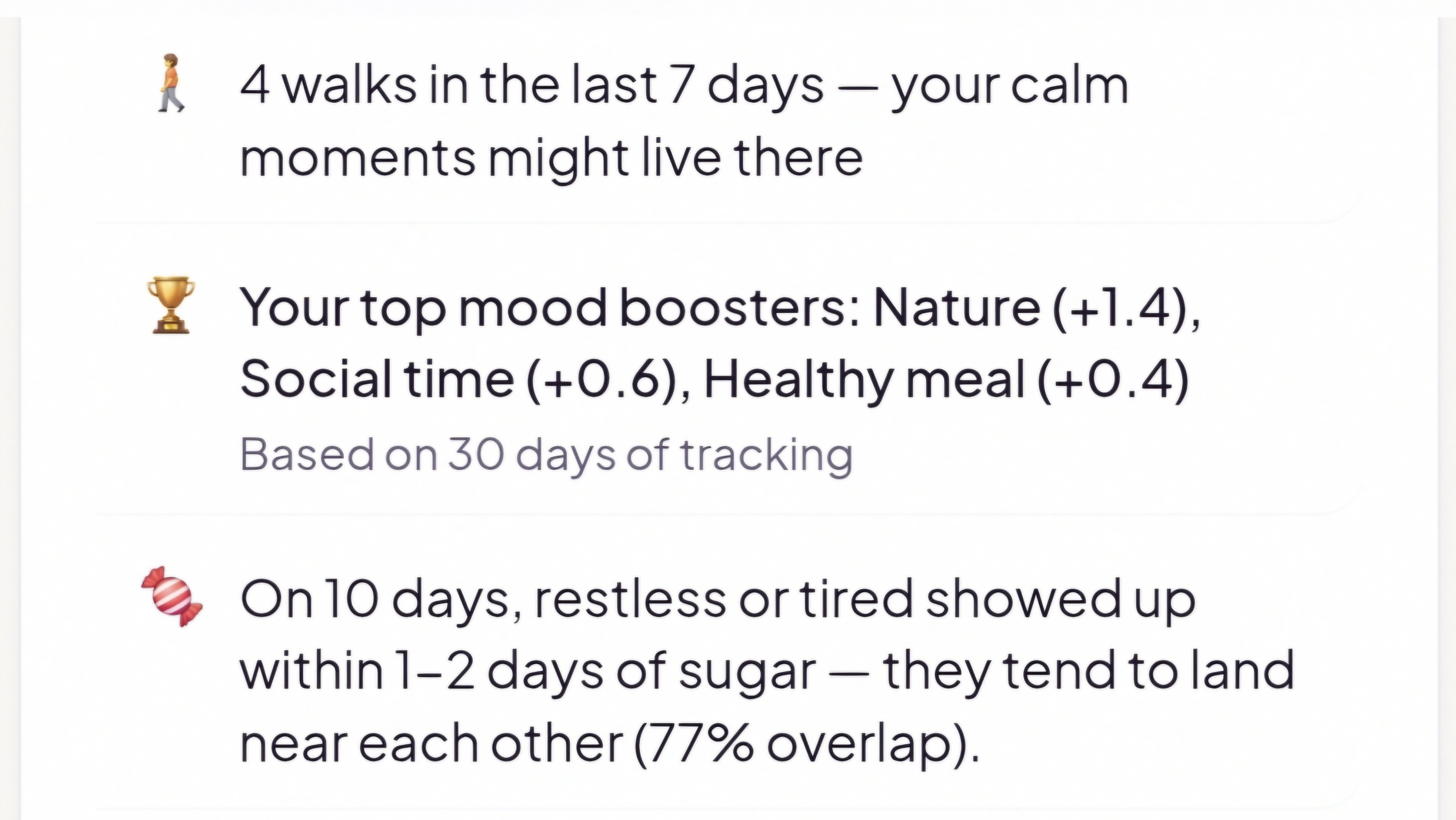 Mooduna Insights & Patterns preview — example observations about walks, top mood boosters, and signal overlaps