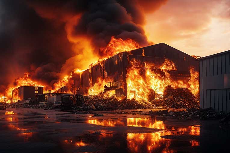 A warehouse fire — the disaster Secure Watch fire prevention monitoring helps you avoid