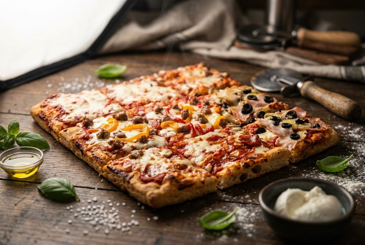 Pizza con pomodorini, stracciatella, rucola e pesto di pistacchio