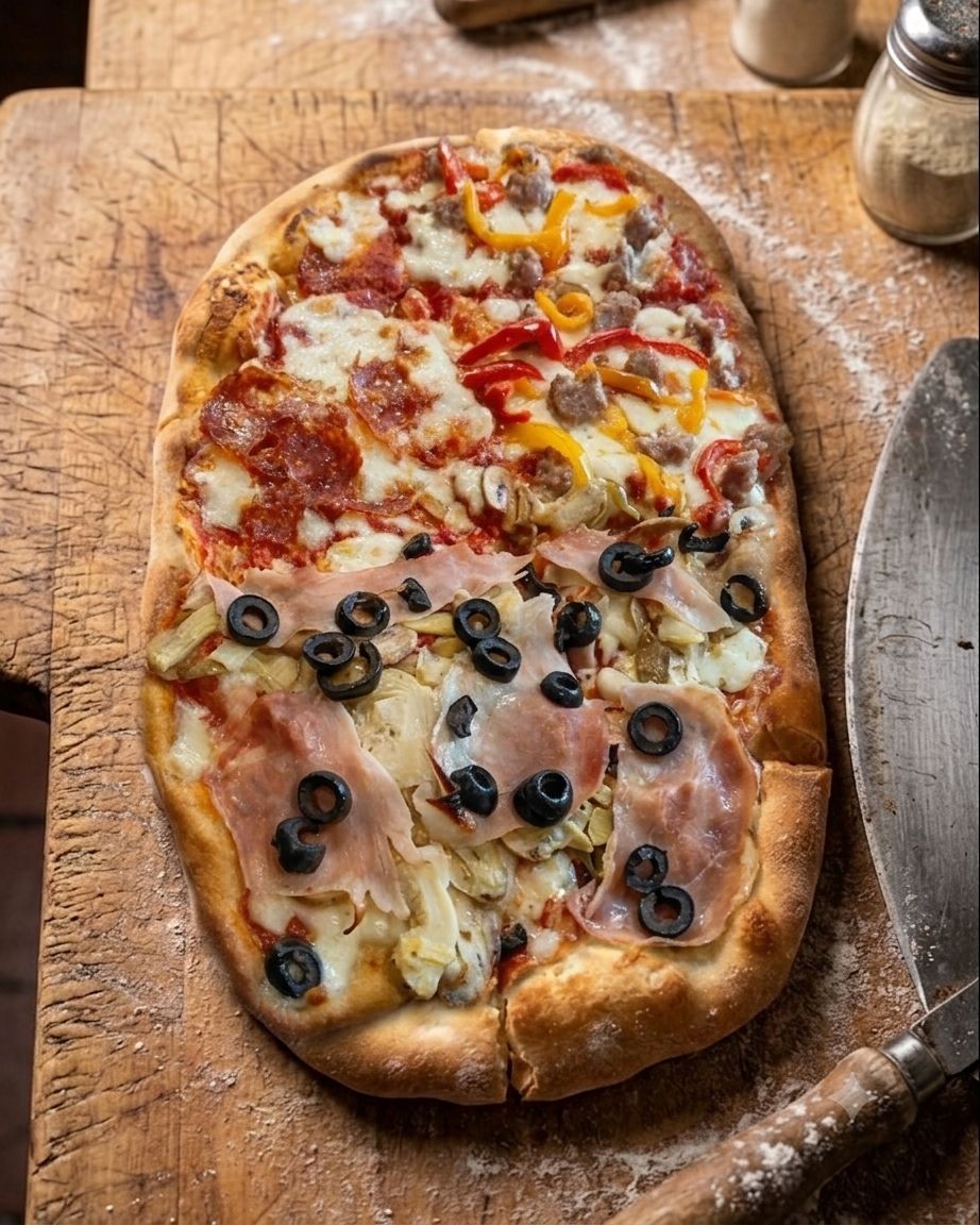 Pizza al taglio multigusto - salame, salsiccia, peperoni, cotto, olive
