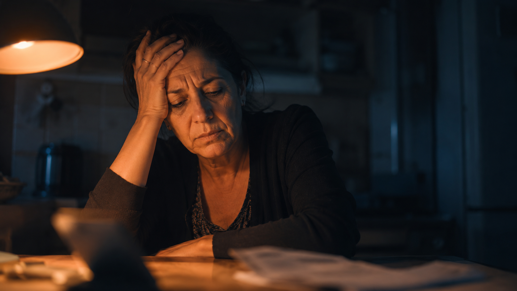 Una madre preoccupata, sola con i suoi pensieri nella sera
