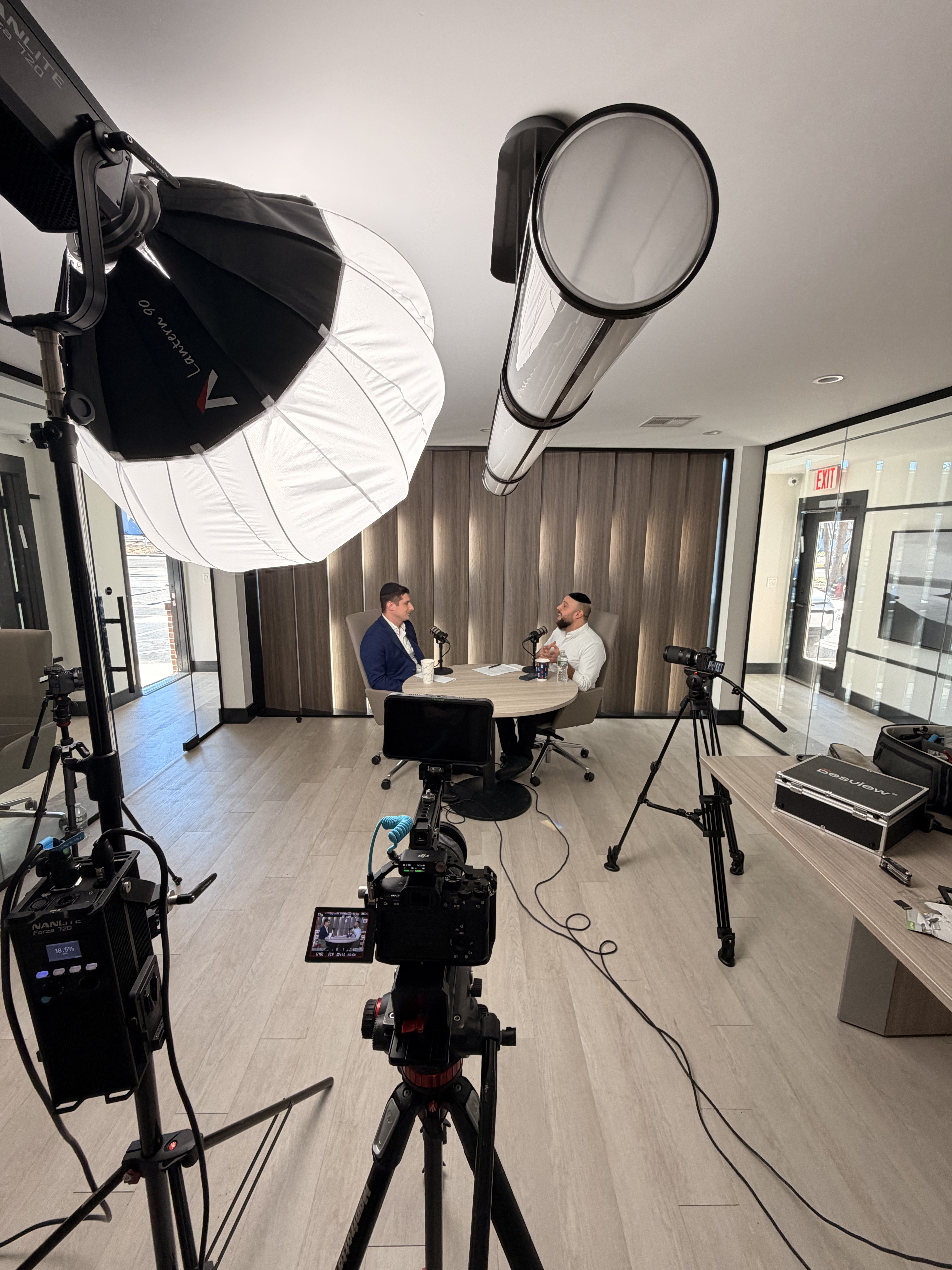 Behind the scenes — podcast set with lighting