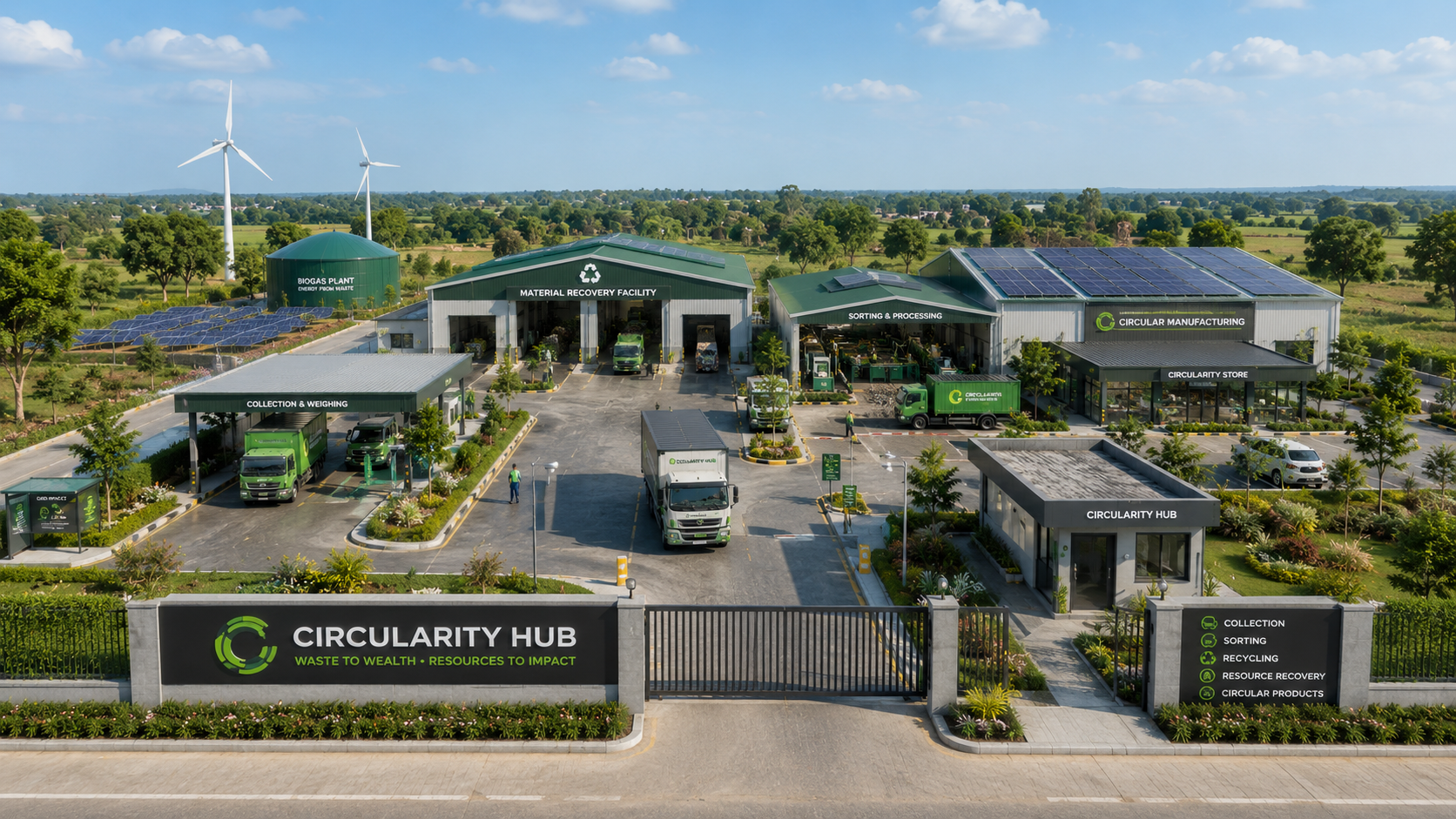 Top-down render of a Circularity Hub — biogas plant, material recovery facility, sorting & processing lines, circular manufacturing and the Circularity Store, all wired into one community-anchored site.