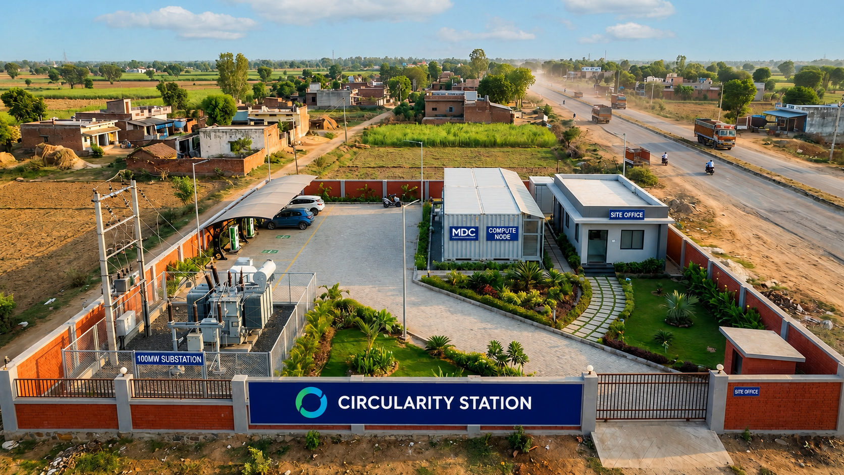 Circularity Station — aerial of the live pilot deployment: 100 MW substation, EV charging carport, MDC compute-node container, site office and community workforce zone, with the village it serves on the left and the national highway corridor on the right.