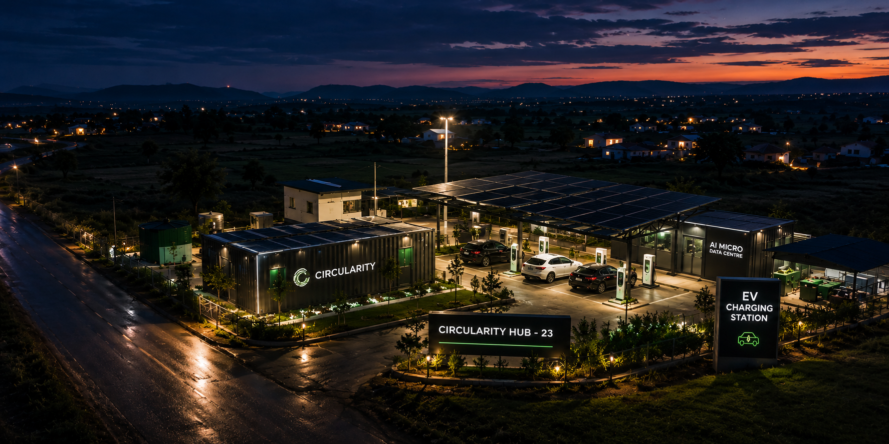 A fully-deployed Circularity Station at dusk — branded MDC compute container, solar carport over EV charging, AI Micro Data Centre and EV Charging Station signage, with a lit-up village stretching to the horizon.