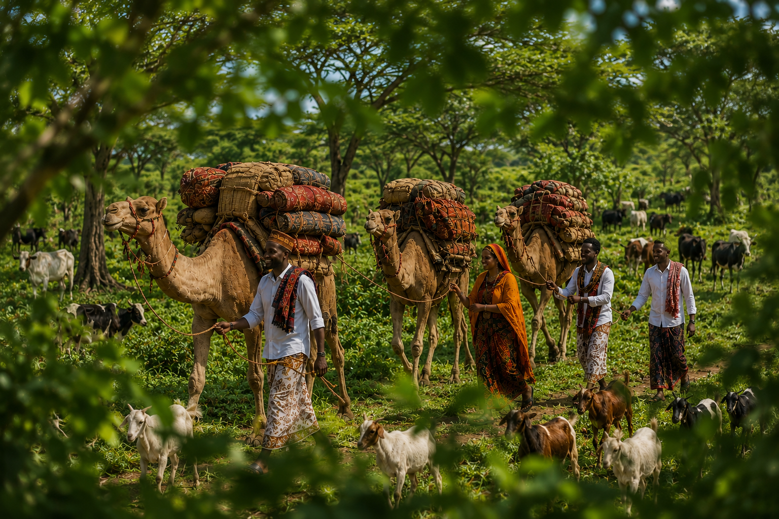 Somaliland nomadic life — camels carrying packs through lush landscape