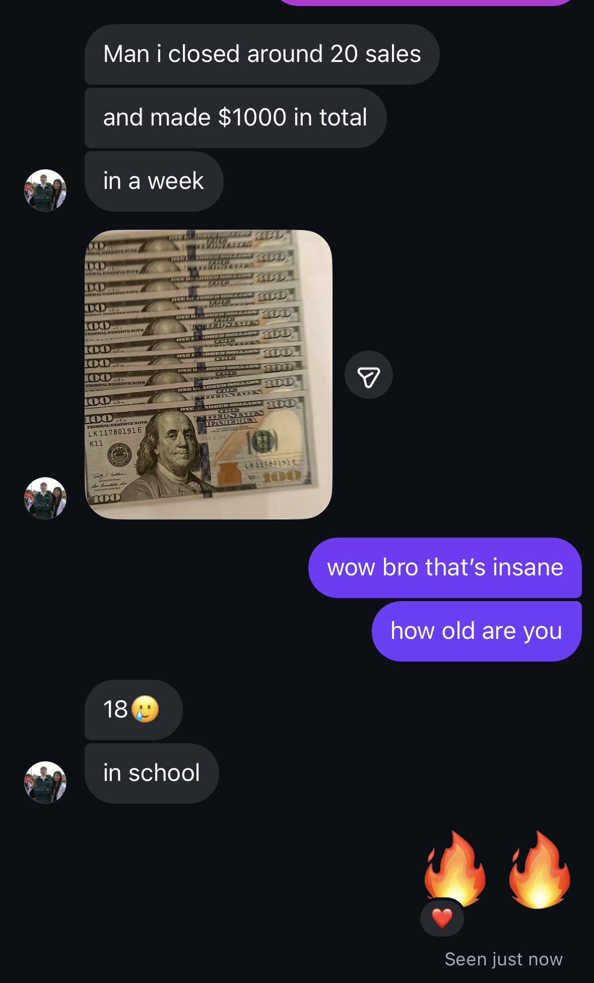 Student closed 20 sales and made $1000 in a week