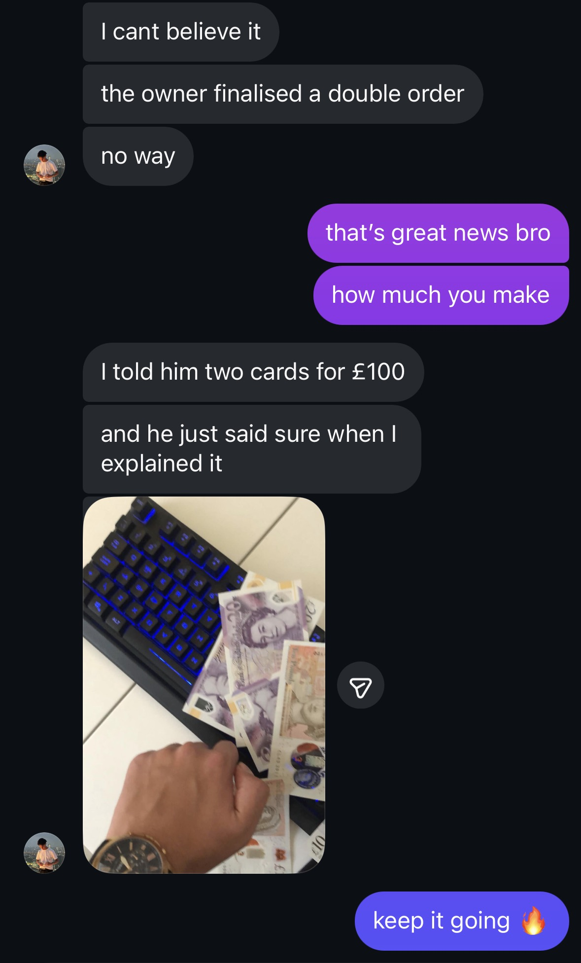 Owner finalised a double order — two cards for £100