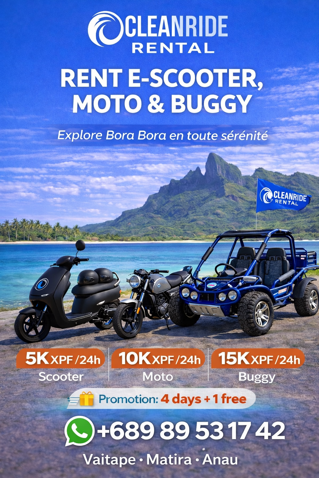 CleanRide vehicles lineup - Scooter, Moto & Buggy