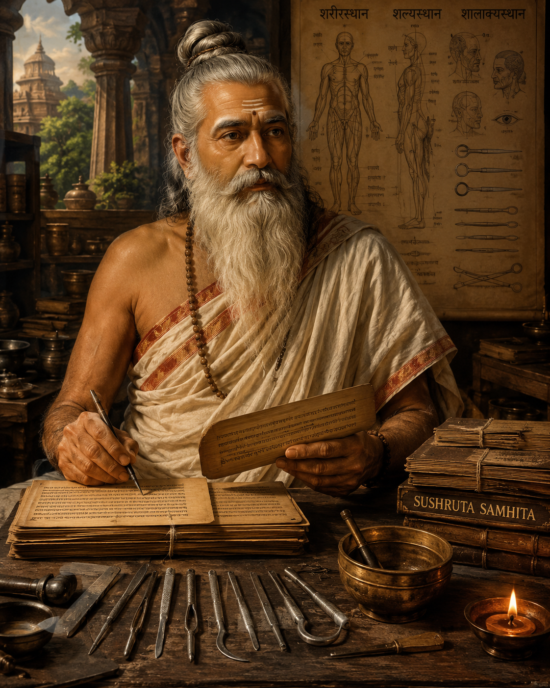 Sushruta — father of Ayurvedic surgery — writing on a palm-leaf manuscript