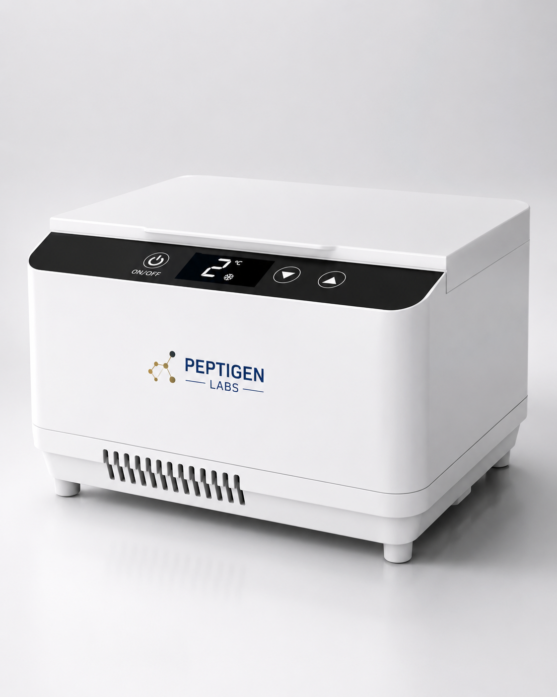 PeptiChill compact peptide cooler with Peptigen Labs logo on the front face and digital LCD showing 2°C