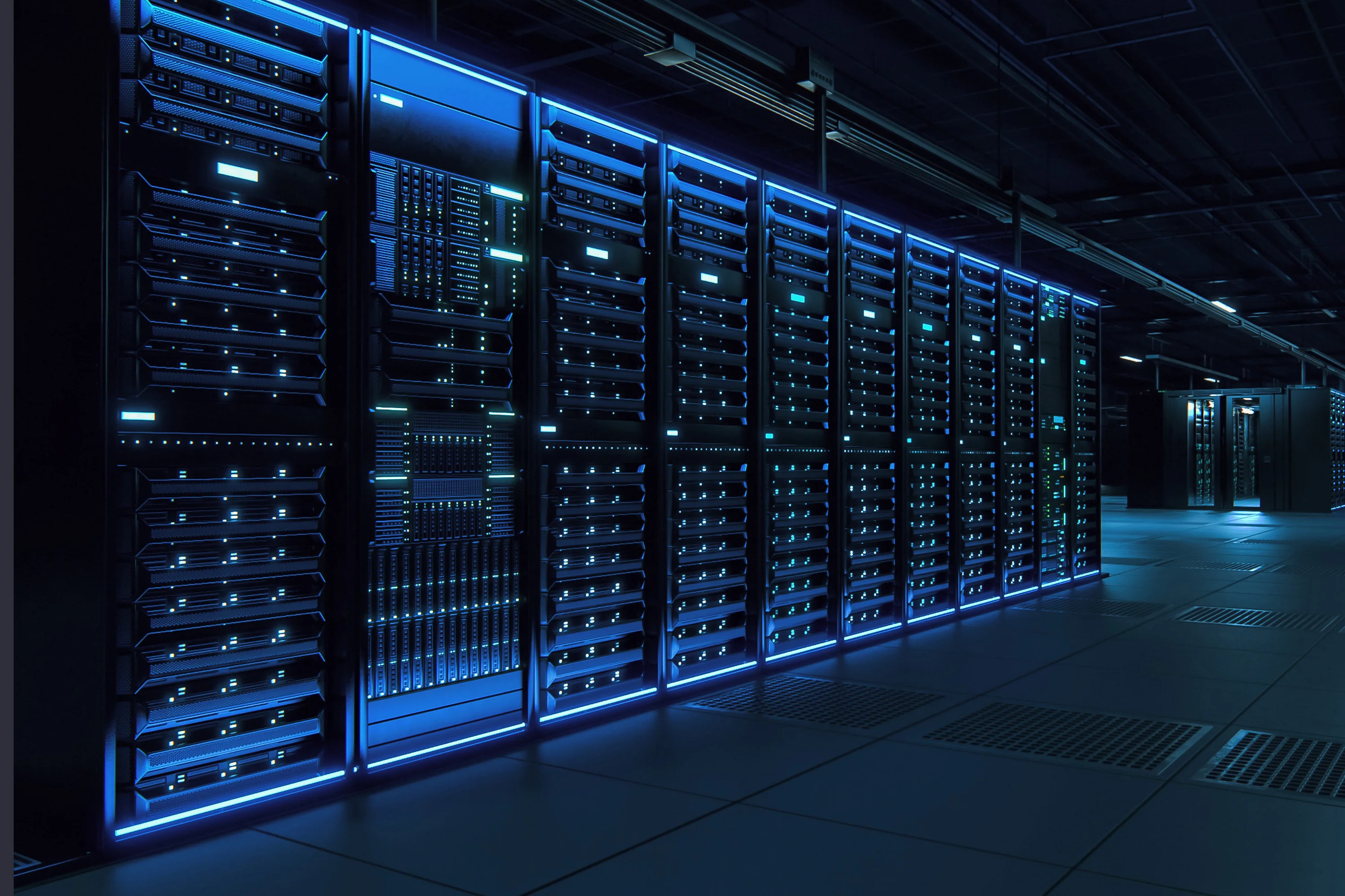 Modern data center with rows of server racks