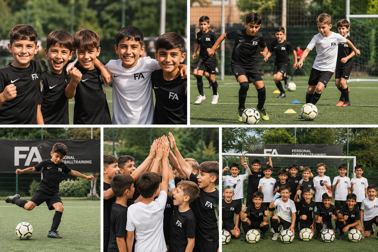 Fußball-Geburtstag Collage - Kinder beim Training, Teamspiele und Celebration