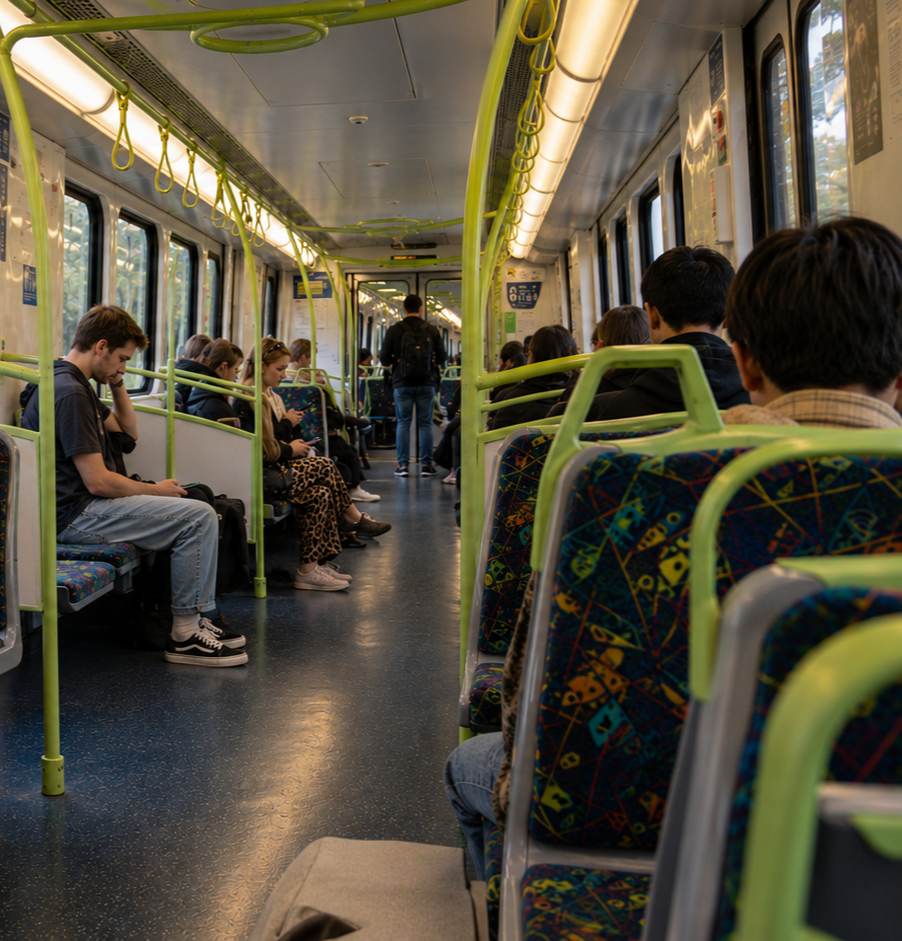 Passengers aboard a Melbourne suburban train carriage