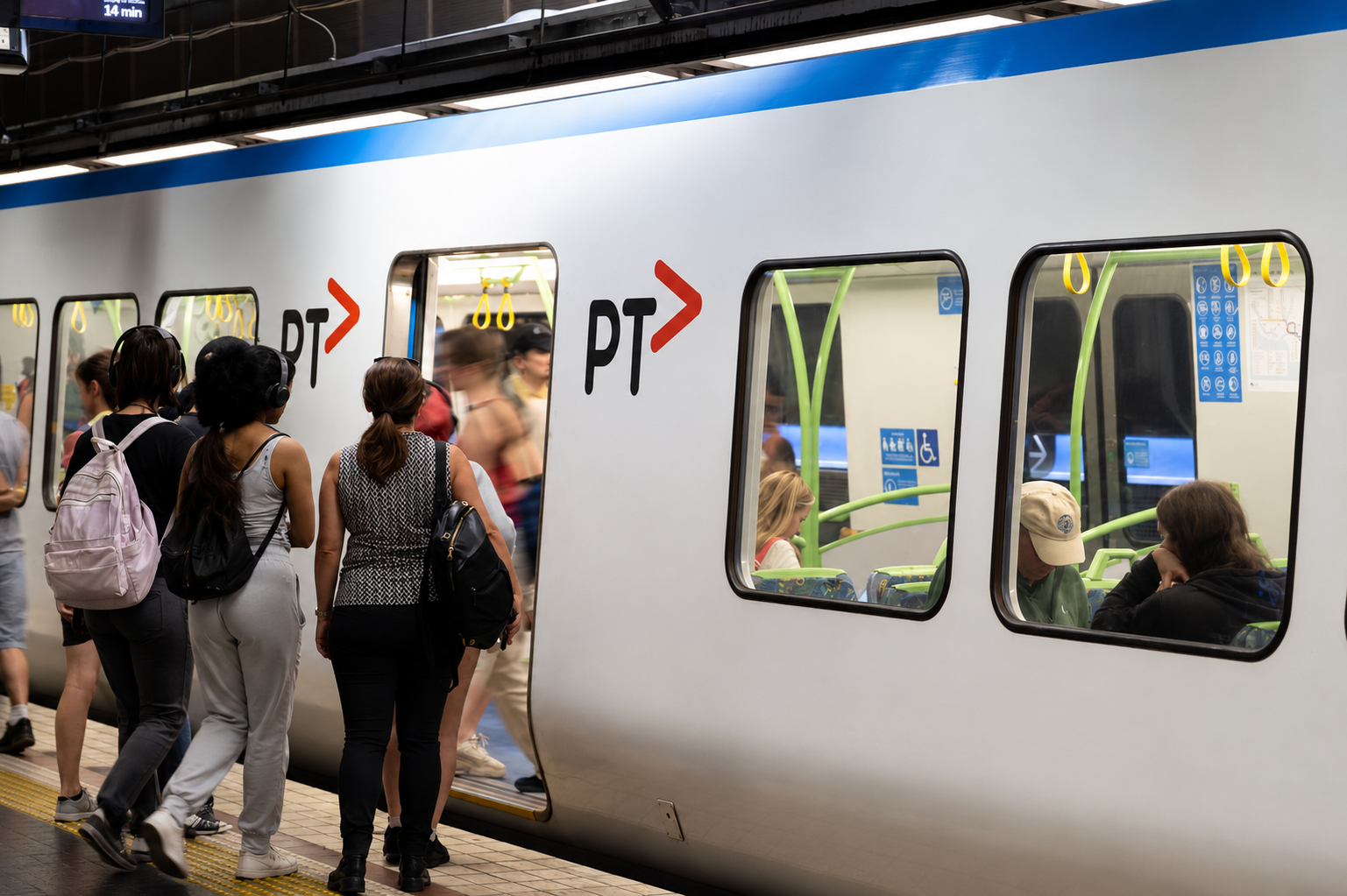 Passengers boarding a Melbourne PTV train at a station platform