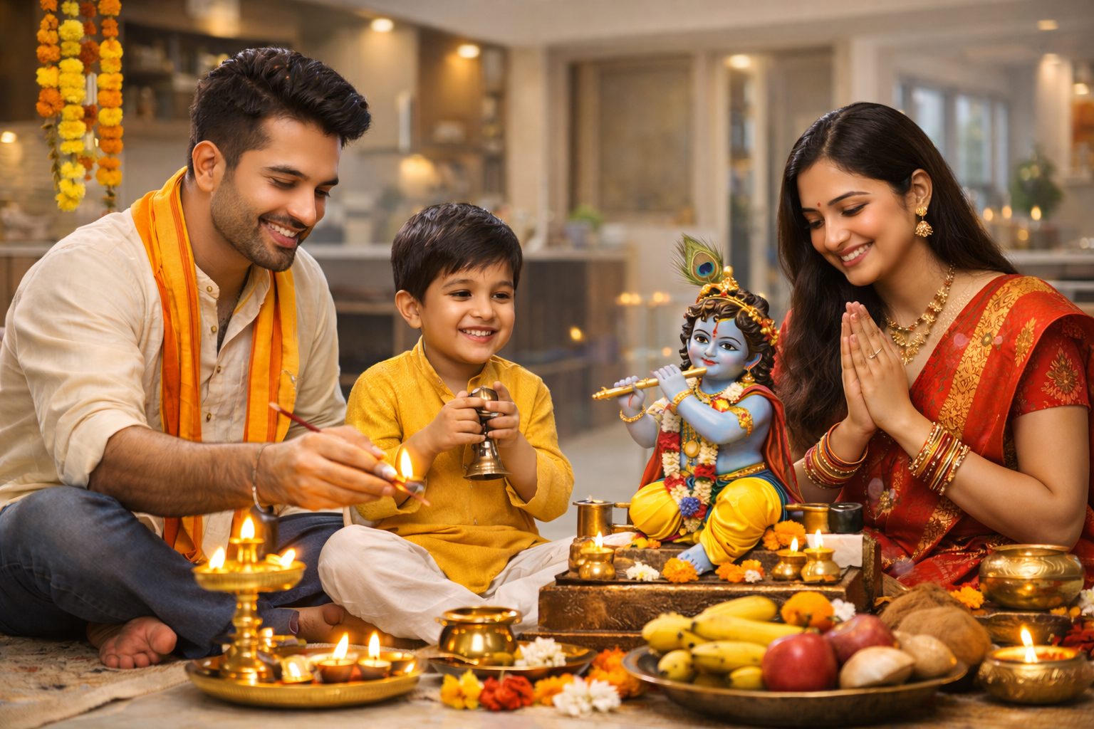 Modern North Indian Family Krishna Pooja at Home