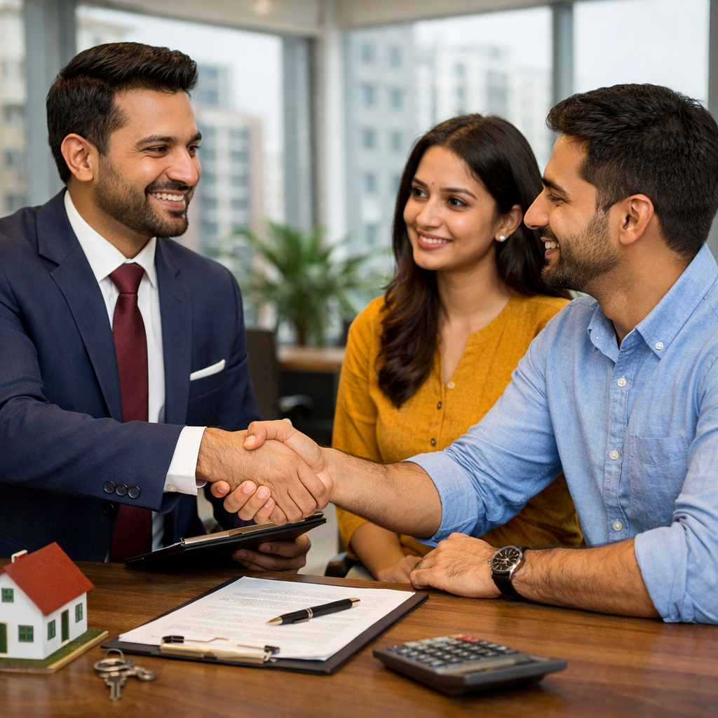 North Indian Real Estate Agent Finalizing Deal with Indian Couple