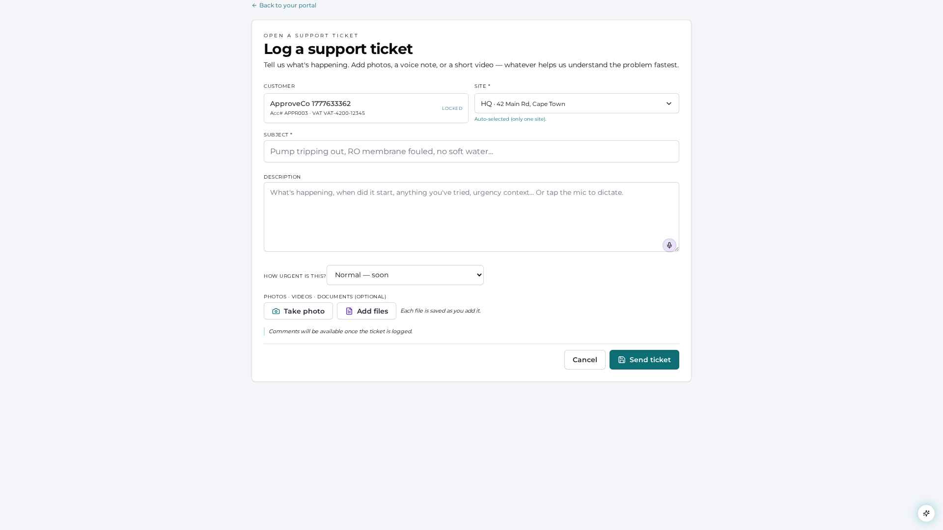 HidroVerse client portal — Log a ticket in under a minute