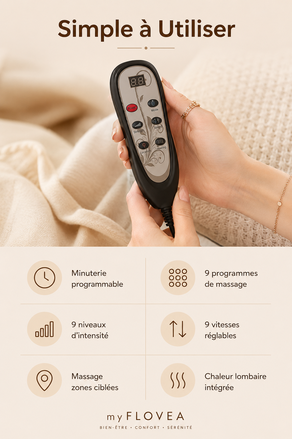 Télécommande du Coussin Massant Chauffant myFLOVEA — 9 modes de massage inspirés du shiatsu.