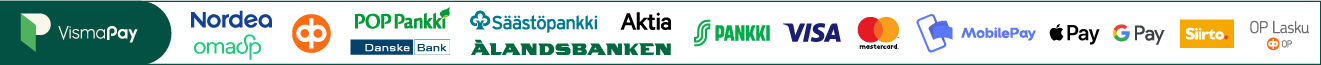 Accepted payment methods: Visma Pay, Nordea, OmaSP, OP, POP Pankki, Säästöpankki, Aktia, Danske Bank, Ålandsbanken, S-Pankki, Handelsbanken, VISA, Mastercard, MobilePay, Apple Pay, Google Pay, Siirto, OP Lasku