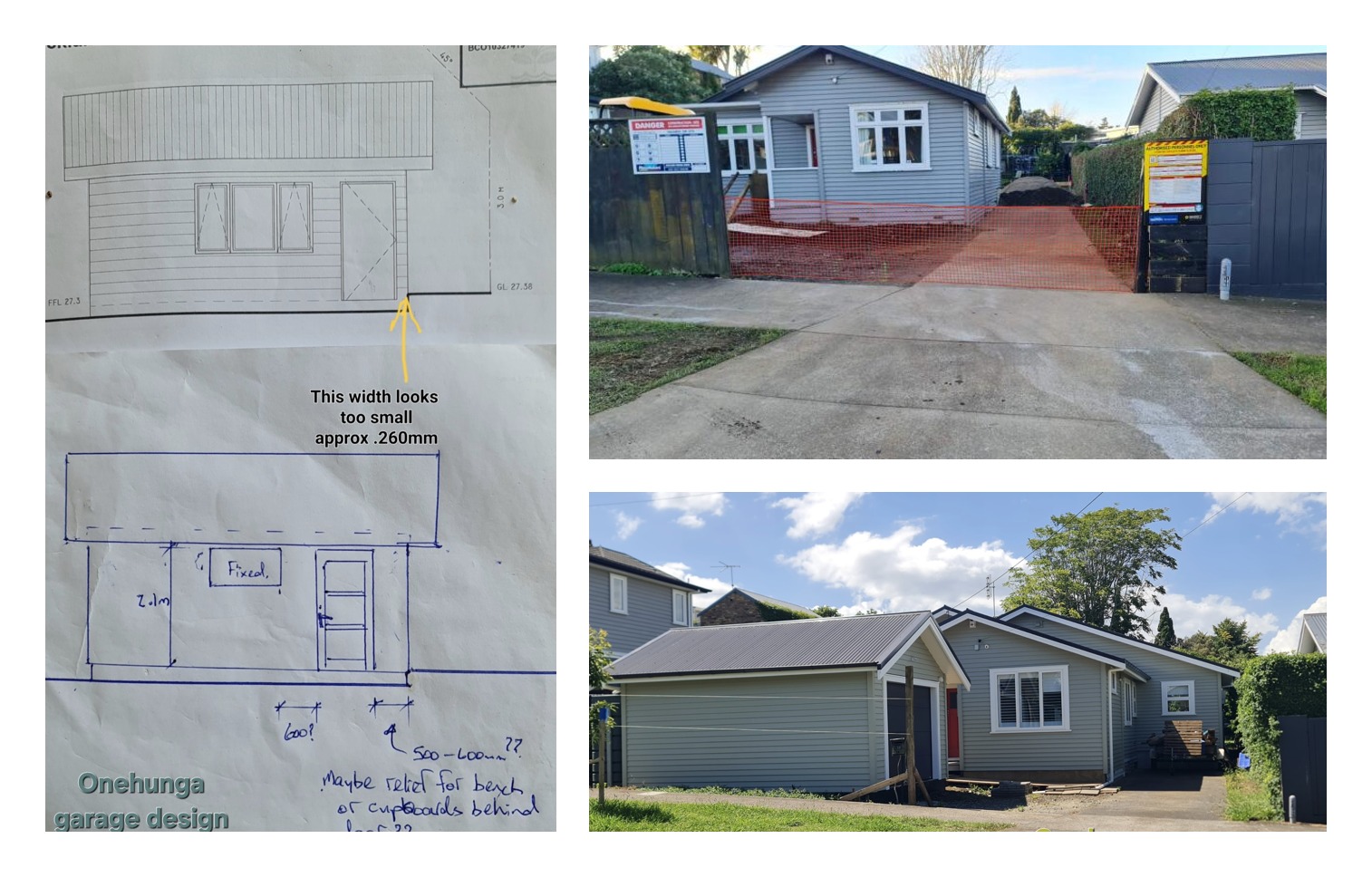 Bruce's marked-up plan spotting a width that was too narrow, beside before and after photos of the house