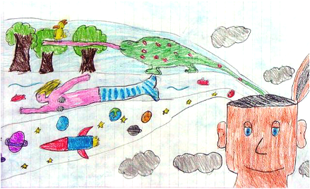 Il bozzetto originale, disegnato da un bambino: una testa da cui escono pensieri, sogni, mondi possibili.