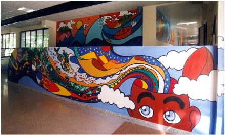 Il murale finito: l'immagine iniziale, tradotta in un linguaggio visivo forte, resta comunque quella nata dai bambini.
