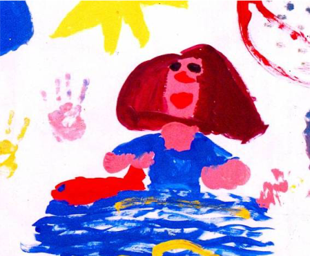 Il bozzetto di una bambina: una sirena immaginata a colori tempera, con la naturalezza del gesto infantile.