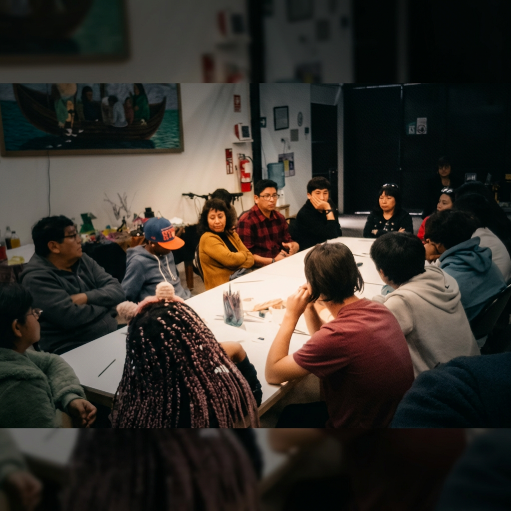 Assemblea comunitaria in un contesto interculturale — la voce di chi vive il territorio è il punto di partenza.