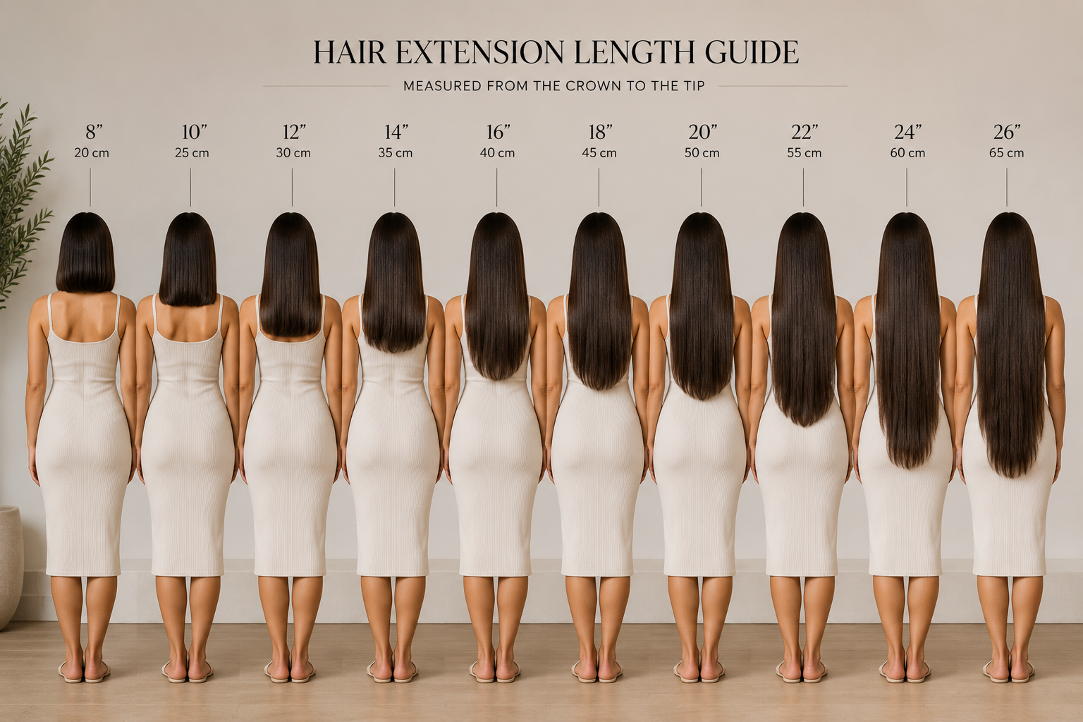 Hair Extension Length Guide - 8 inch to 26 inch measured from crown to tip