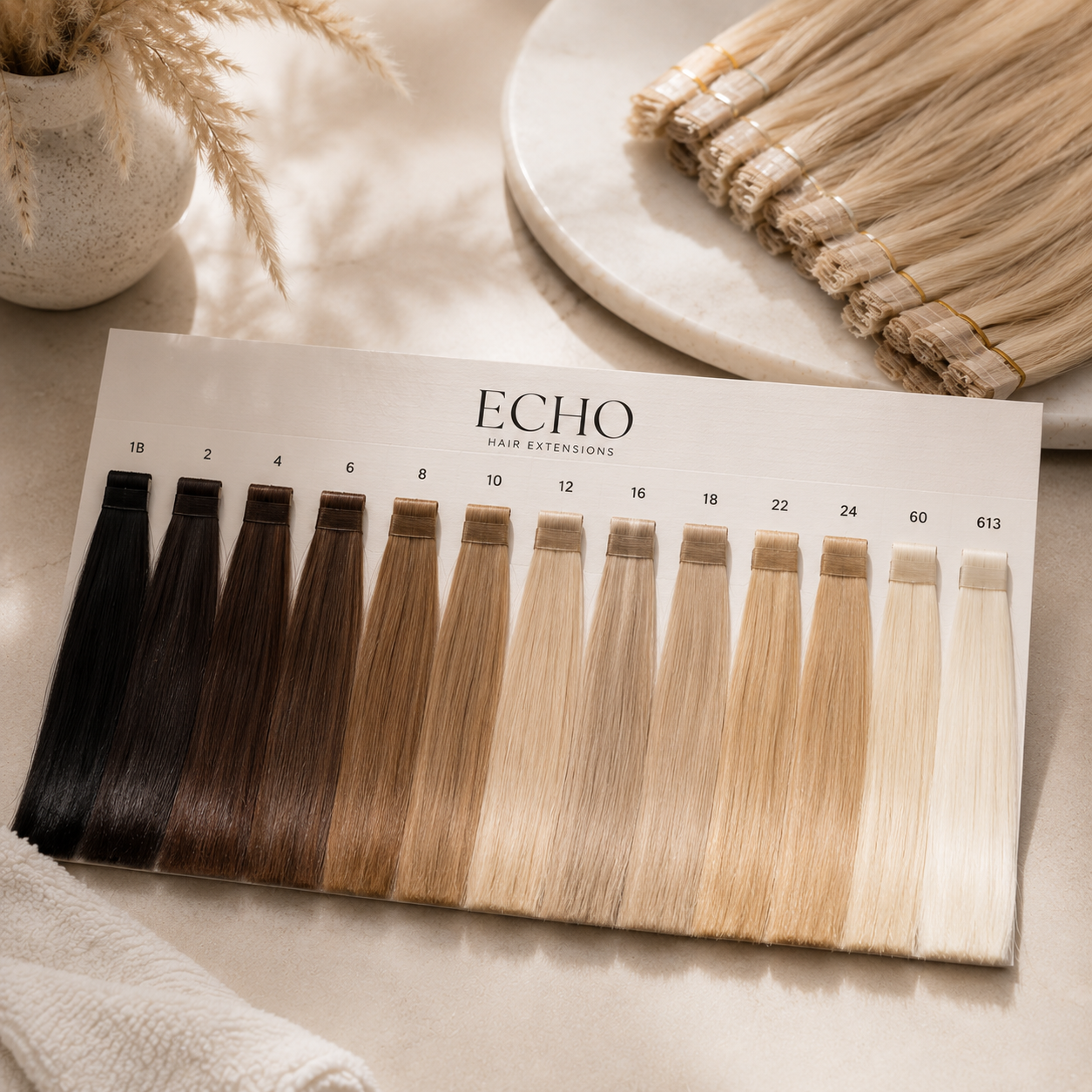 Echo Hair Extensions Colour Shade Guide - Shades from 1B Jet Black to 613 Platinum Blonde