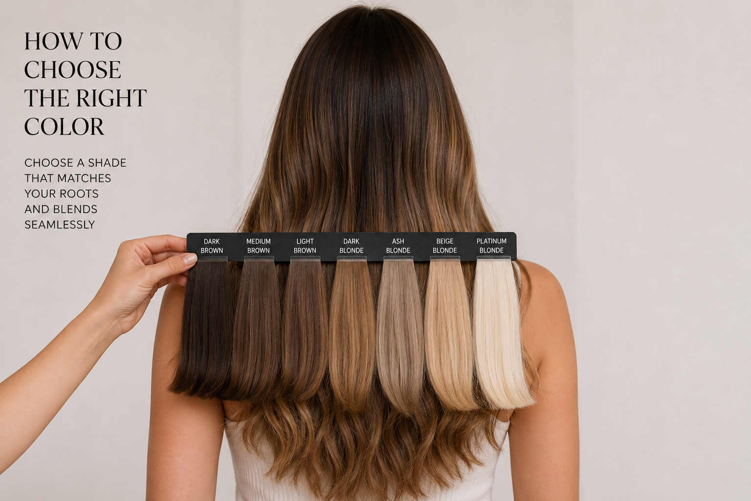 How to choose the right colour - colour swatches from dark brown to platinum blonde against natural hair