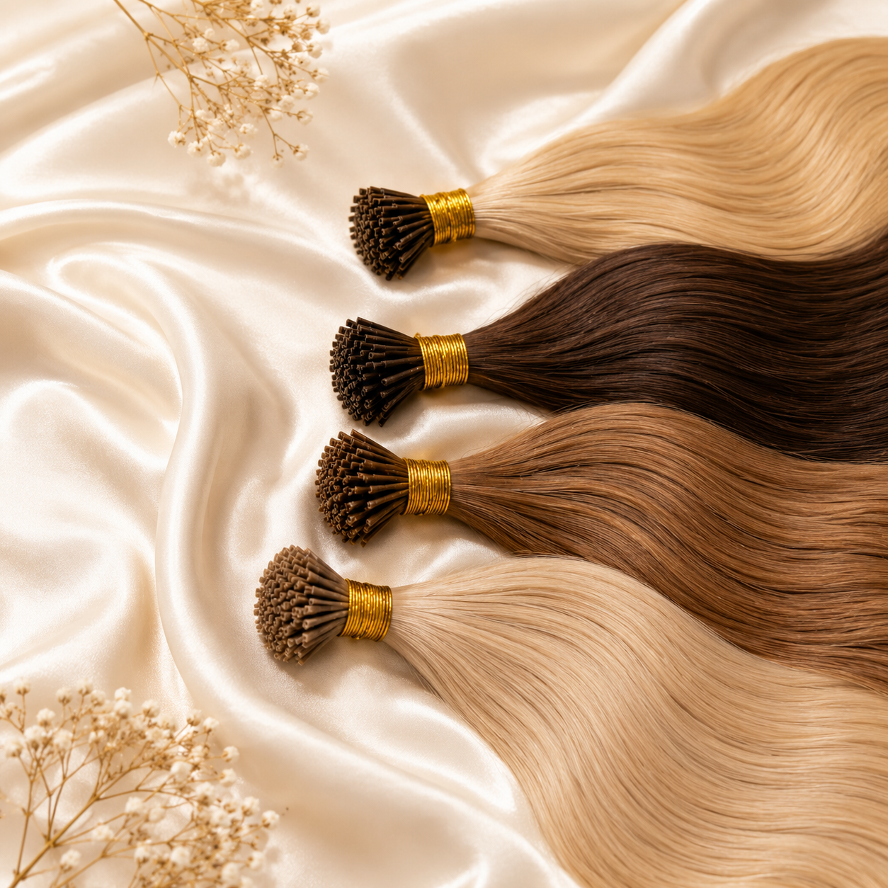 Nano tip hair extensions showing the tiny tips in various shades on silk background