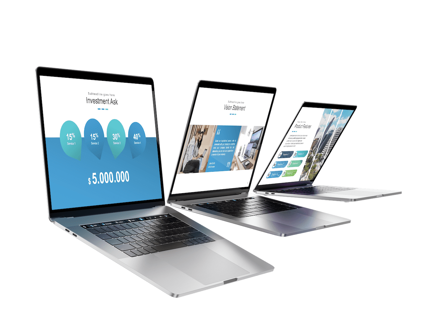 Three MacBooks displaying ExpertSlides presentation templates