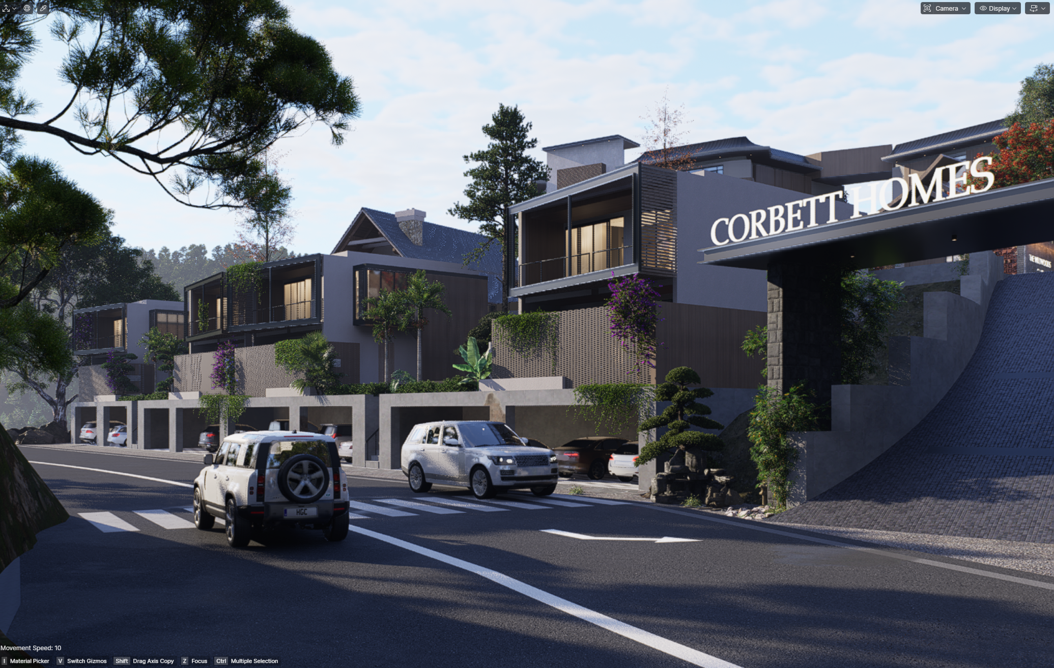 Concept render — Corbett Homes entrance arch and street view