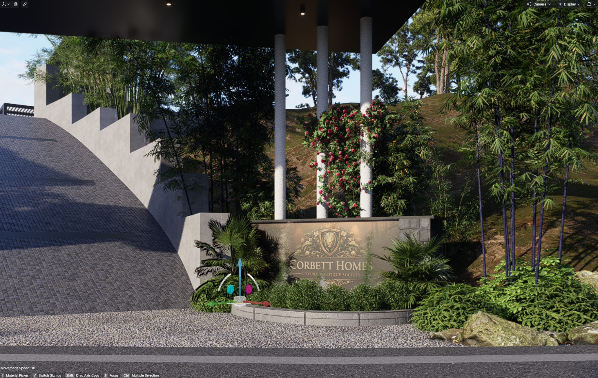 Corbett Homes — entrance gate concept render with luxury boutique society signage