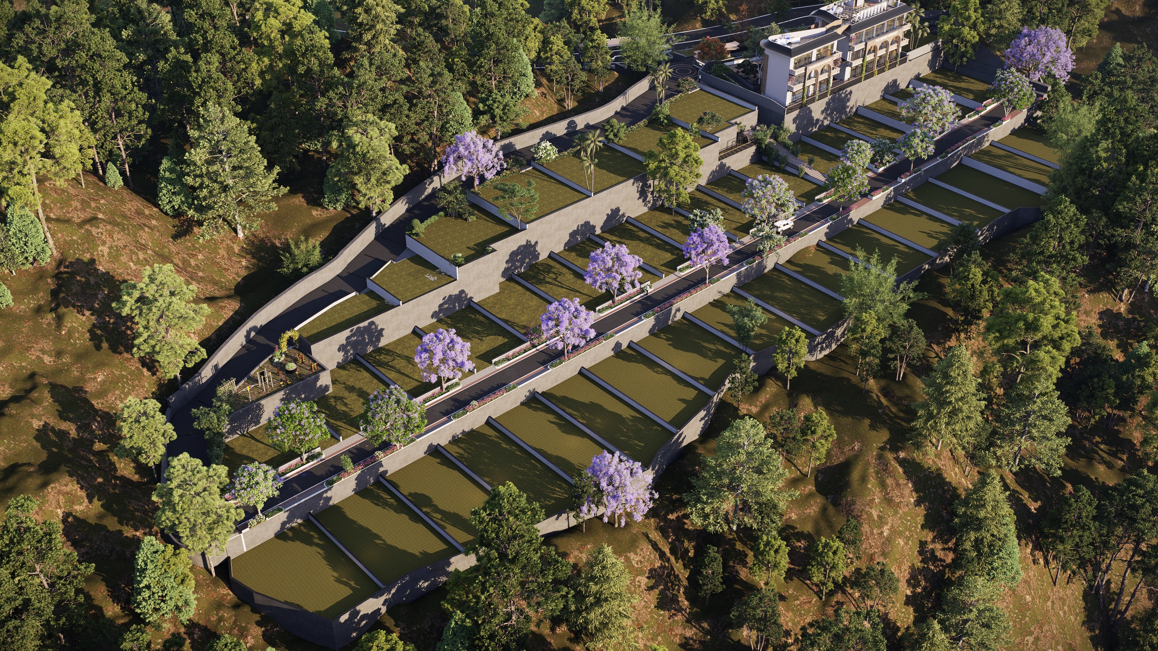 Corbett Homes — alternate aerial perspective showing approach road and forest belt