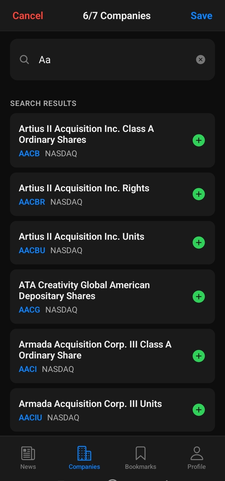 TickerNews Company search screen