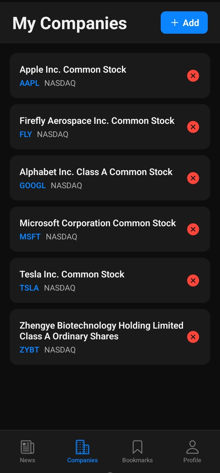 TickerNews My Companies screen showing NYSE and NASDAQ tickers