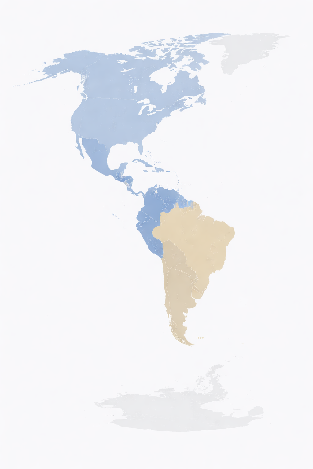 Map of the Americas showing North America, Central America, and South America
