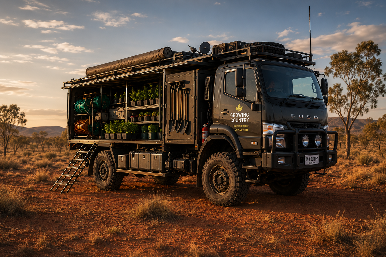 Growing Country FUSO mobile horticulture unit on red-earth Country at golden hour — branded with Growing Country logo, fully kitted with tools, nursery shelves and satellite comms