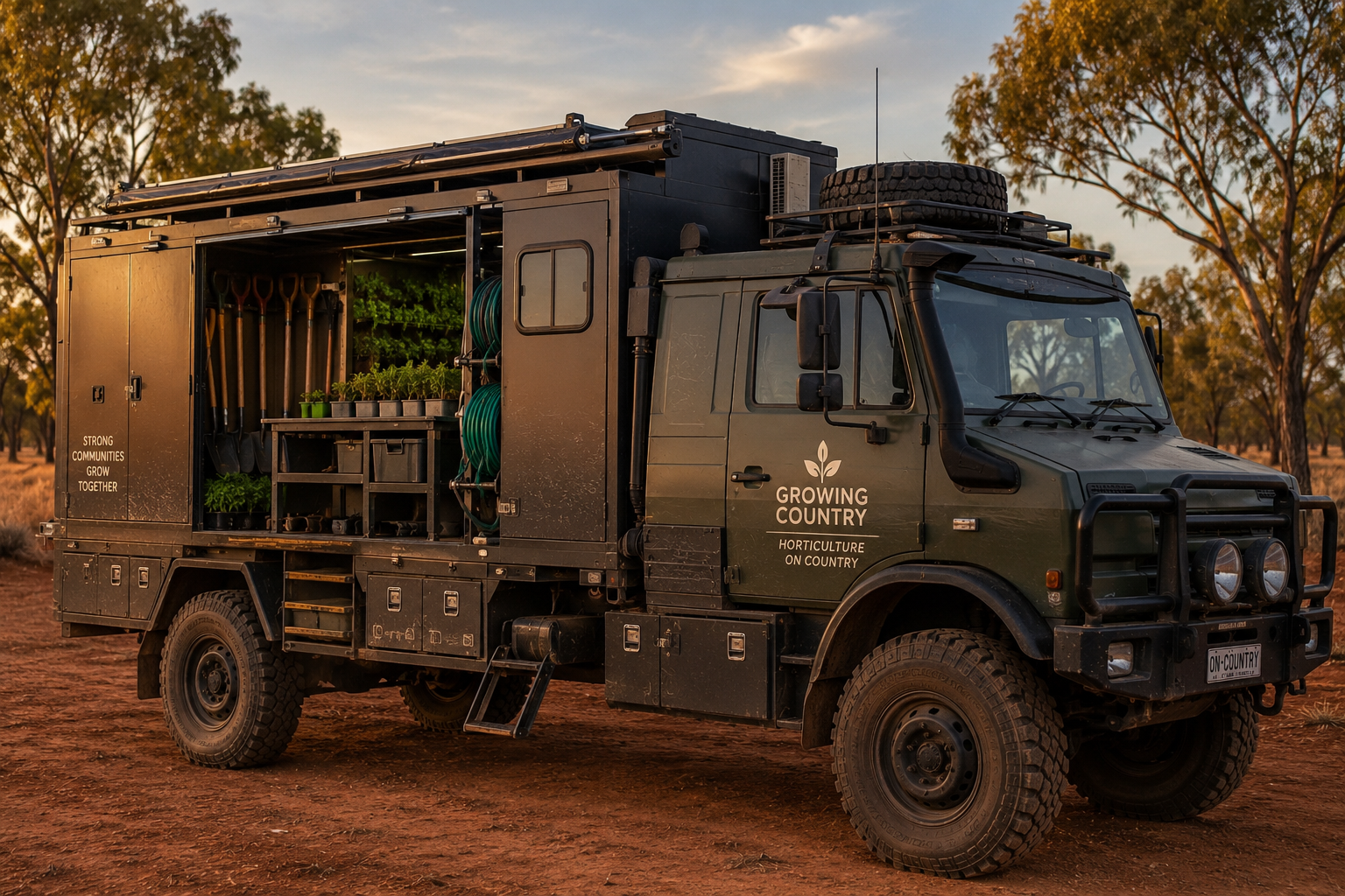 Growing Country mobile horticulture truck in the outback at golden hour, doors open showing tools, seedlings and irrigation