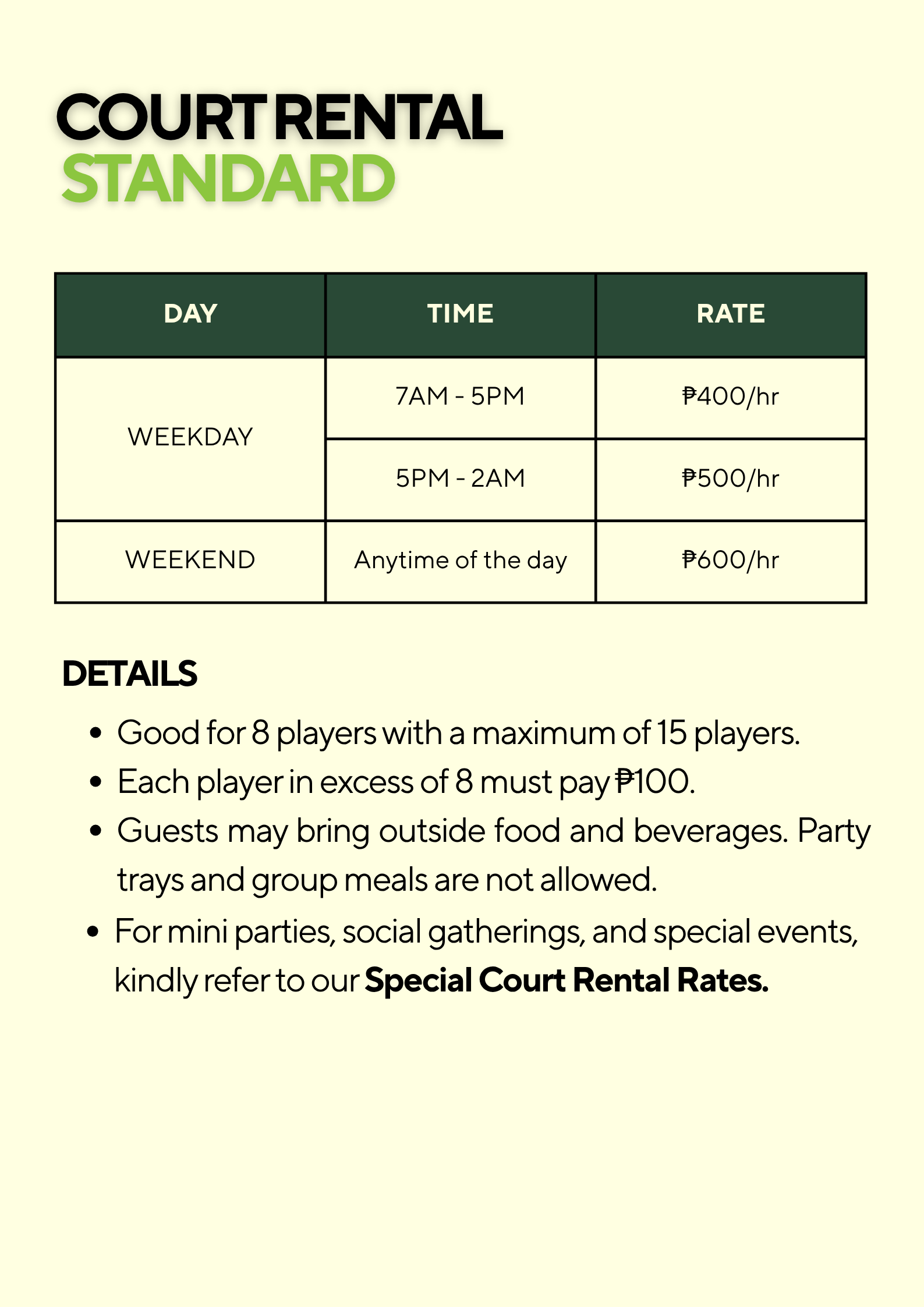 Rentals & Rates — Standard Court Rental